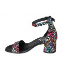 Woman's open shoe with strap in multicolored mosaic printed suede heel 5 - Available sizes:  32, 33, 34