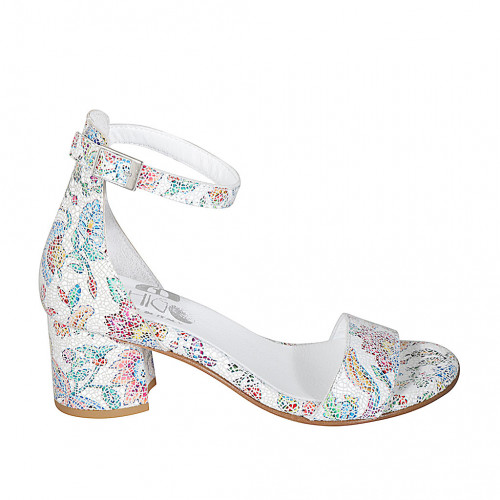 Woman's open shoe with strap in multicolor printed white leather heel 5 - Available sizes:  32, 33, 34