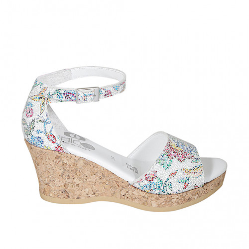 Woman's open shoe with strap and platform in multicolored printed white leather wedge heel 7 - Available sizes:  32, 34