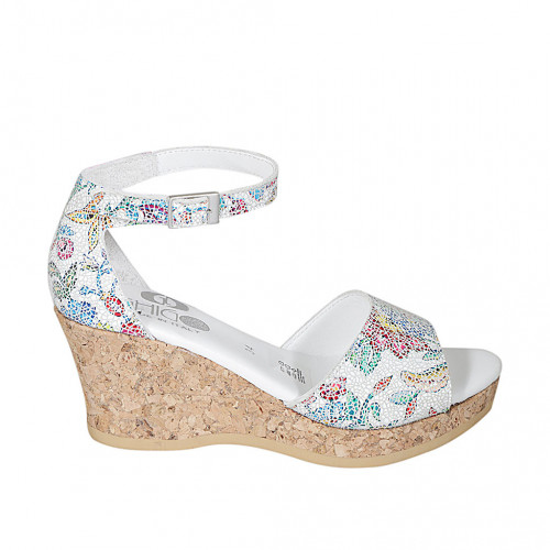 Zapato abierto para mujer con cinturon y plataforma en piel blanca imprimida multicolor cuña 7 - Tallas disponibles:  32, 34