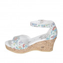 Woman's open shoe with strap and platform in multicolored printed white leather wedge heel 7 - Available sizes:  32, 34