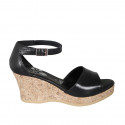 Woman's open shoe with strap and platform in black leather wedge heel 7 - Available sizes:  32, 33, 34, 42, 43