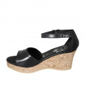 Woman's open shoe with strap and platform in black leather wedge heel 7 - Available sizes:  32, 33, 34, 42, 43