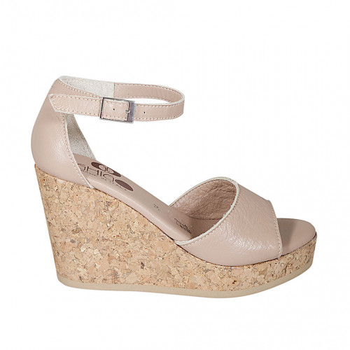 Woman's open shoe with strap and platform in light rose leather wedge heel 9 - Available sizes:  32, 42, 43, 44