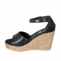 Woman's open shoe with strap and platform in black leather wedge heel 9 - Available sizes:  33, 34, 43