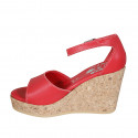 Woman's open shoe with strap and platform in red leather wedge heel 9 - Available sizes:  32, 33, 34
