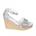 Woman's open shoe with strap and platform in multicolored printed silver leather wedge heel 9 - Available sizes:  32, 33, 34