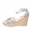 Woman's open shoe with strap and platform in multicolored printed silver leather wedge heel 9 - Available sizes:  32, 33, 34