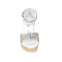 Woman's open shoe with strap and platform in multicolored printed silver leather wedge heel 9 - Available sizes:  32, 34