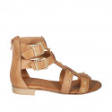 Woman's open shoe with zipper, buckles and studs in cognac brown leather wedge heel 2 - Available sizes:  32, 33, 34, 42, 43, 44