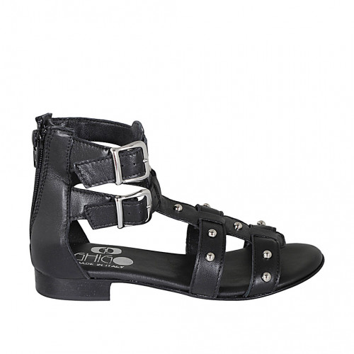 Zapato abierto para mujer en piel negra con cremallera, hebillas y tachuelas tacon 2 - Tallas disponibles:  32, 33