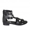 Scarpa aperta da donna con cerniera, fibbie e borchie in pelle nera tacco 2 - Misure disponibili: 32, 33, 34, 42, 43, 45