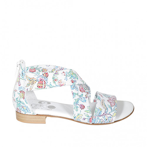 Woman's open shoe with zipper in white multicolored printed leather heel 2 - Available sizes:  32, 33, 34, 42, 43, 44, 45