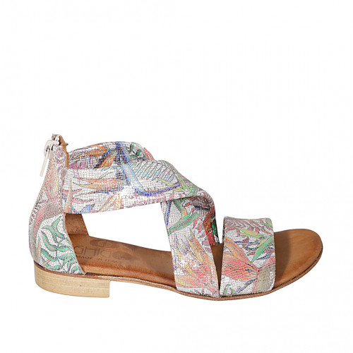 Woman's open shoe with zipper in silver multicolored printed leather heel 2 - Available sizes:  32, 33, 34, 42, 43, 44