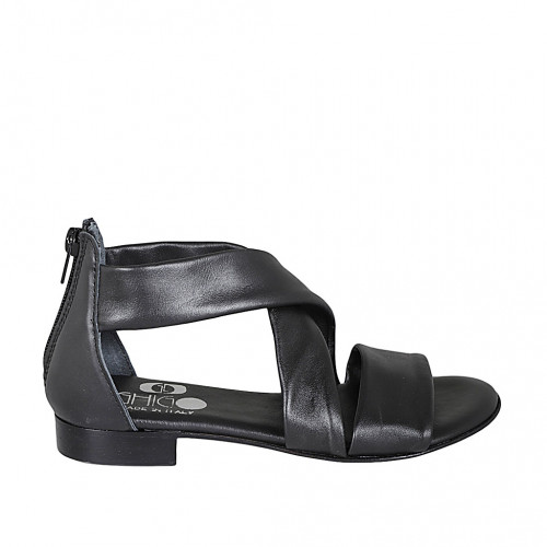 Woman's open shoe with zipper in black leather heel 2 - Available sizes:  32, 33, 42, 43, 44