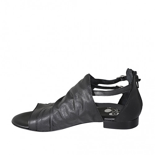 Offener Damenschuh aus schwarzem Leder und perforiertem Leder mit Reißverschluss und Schnallen Absatz 2