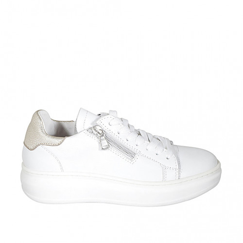 Chaussure pour femmes à lacets avec semelle amovible et fermeture éclair en cuir blanc et platine talon compensé 4 - Pointures disponibles:  32, 44, 45