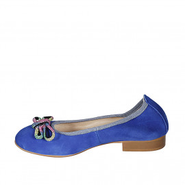 Woman's ballerina shoe in blue suede with multicolored bow heel 2 - Available sizes:  32, 33, 42, 43, 44 2
