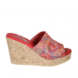 Woman's platform mules in multicolored printed red leather wedge heel 9 - Available sizes: 33, 34, 42, 43, 44