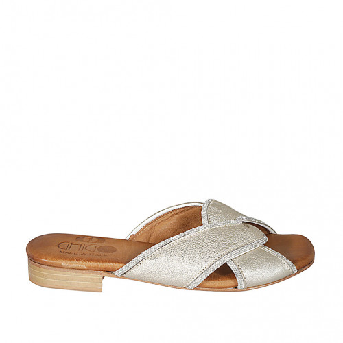 Woman's mules with rhinestones in platinum laminated leather heel 2 - Available sizes:  32, 33, 34, 43, 44