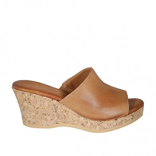Woman's platform mules in cognac brown leather wedge heel 7 - Available sizes:  32, 33, 42, 43, 44
