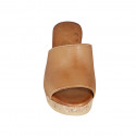 Woman's platform mules in cognac brown leather wedge heel 7 - Available sizes:  32, 33, 42, 43, 44
