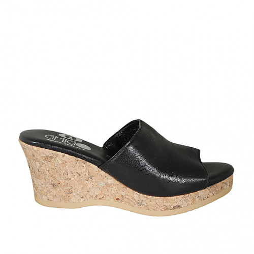 Woman's mules in black leather with platform wedge heel 7 - Available sizes:  33, 42, 43, 44