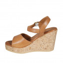 Woman's sandal with strap and platform in cognac brown leather wedge heel 9 - Available sizes:  34, 42, 43, 44, 45