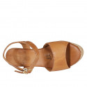 Woman's sandal with strap and platform in cognac brown leather wedge heel 9 - Available sizes:  33, 34, 42, 43, 44, 45