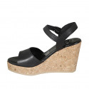 Woman's strap platform sandal in black leather with wedge heel 9 - Available sizes:  33, 34, 42, 43, 44