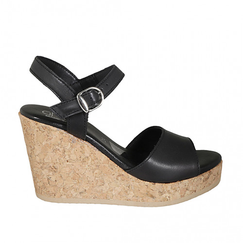 Woman's strap platform sandal in black leather with wedge heel 9 - Available sizes:  33, 34, 42, 43, 44