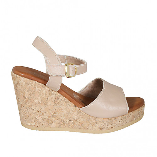 Woman's sandal with strap and platform in light rose leather wedge heel 9 - Available sizes:  33, 34, 42, 43, 44, 45