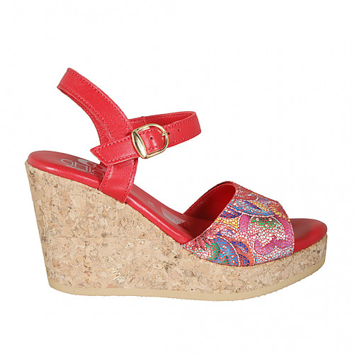 Sandale pour femmes en cuir rouge imprimé mosaïque multicouleur avec courroie, plateforme et talon compensé 9 - Pointures disponibles:  33, 34, 42, 43, 44, 45