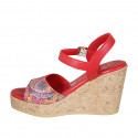 Woman's strap sandal in red multicolored mosaic printed leather with platform and wedge heel 9 - Available sizes:  33, 34, 42, 43, 44, 45
