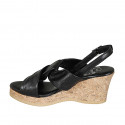 Woman's platform sandal in black leather wedge heel 7 - Available sizes:  32, 33, 34, 42, 43, 44, 45