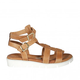 Sandale pour femmes avec courroies en cuir cognac talon compensé 3 - Pointures disponibles: 32, 33, 42, 44