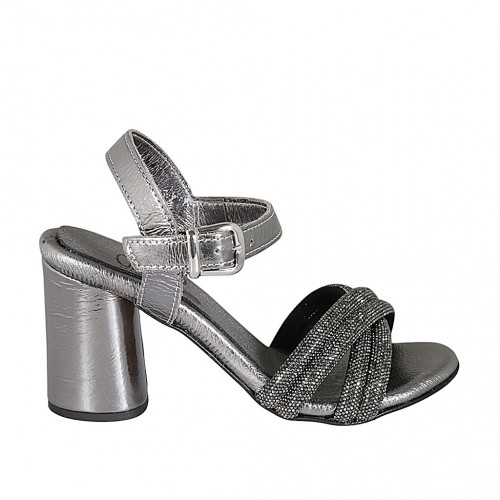 Woman's strap sandal with rhinestones in grey laminated leather heel 7 - Available sizes:  32, 33, 34, 42, 44, 45