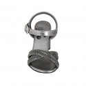 Woman's strap sandal with rhinestones in grey laminated leather heel 7 - Available sizes:  32, 33, 34, 42, 44, 45