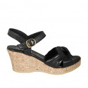 Woman's sandal with strap, platform and knot in black leather wedge heel 7 - Available sizes:  33, 34, 42, 43, 44, 45