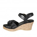 Woman's sandal with strap, platform and knot in black leather wedge heel 7 - Available sizes:  32, 33, 34, 42, 43, 44, 45