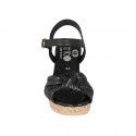 Woman's sandal with strap, platform and knot in black leather wedge heel 7 - Available sizes:  32, 33, 34, 42, 43, 44, 45