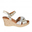 Woman's sandal with strap, platform and knot in silver and platinum leather wedge heel 7 - Available sizes:  33, 42, 43, 44, 45