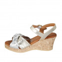 Woman's sandal with strap, platform and knot in silver and platinum leather wedge heel 7 - Available sizes:  33, 42, 43, 44, 45