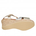 Woman's sandal with strap, platform and knot in silver and platinum leather wedge heel 7 - Available sizes:  33, 42, 43, 44, 45