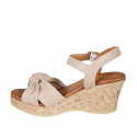 Woman's sandal with strap, platform and knot in light rose leather wedge heel 7 - Available sizes:  32, 34, 42, 43, 44, 45