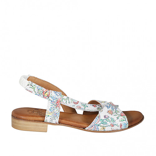 Woman's sandal with elastic band in multicolored printed white leather heel 2 - Available sizes:  32, 33, 34, 42, 43, 44, 45