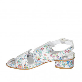 Woman's sandal in multicolored printed white leather heel 3 - Available sizes:  32, 43, 44, 45 2