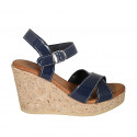 Woman's strap sandal in blue patent leather with platform and wedge 9 - Available sizes:  33, 34, 42, 43, 44, 45