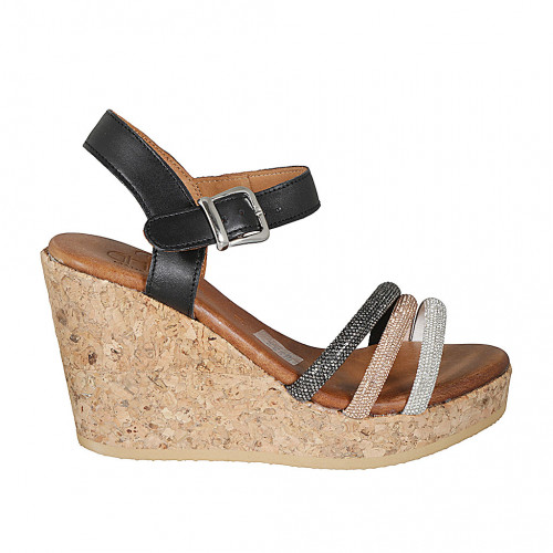 Woman's strap and platform sandal in black leather with silver, copper and grey rhinestones wedge heel 9 - Available sizes:  33, 34, 42, 43, 45