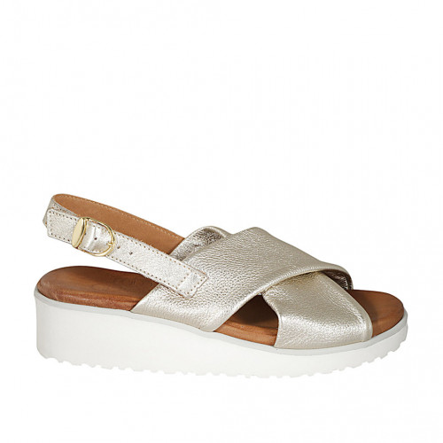 Woman's sandal in platinum laminated printed leather wedge heel 4 - Available sizes:  32, 42, 43, 44, 45